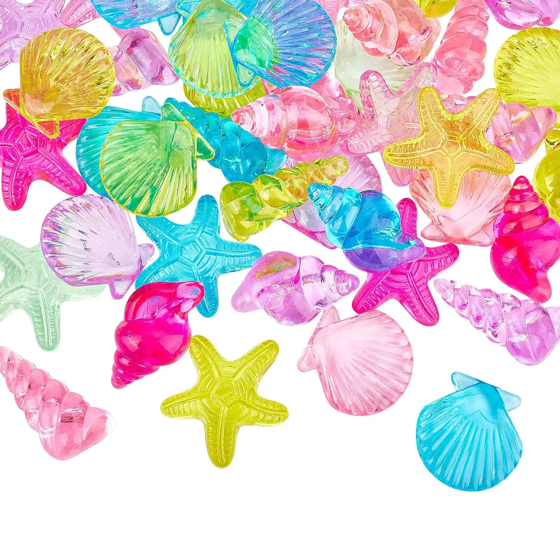 4 Styles Transparent Acrylic Beads No Hole, Mixed Color Shell Starfish Acrylic Beads Sea Life Flat Back Cabochon Beads for Jewelry Making DIY Crafts(92pcs/Set)