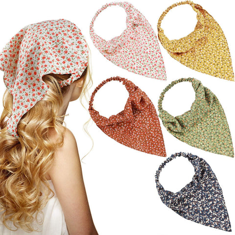 Bukela 5PCS Floral Elastic Hair Scarf, Chiffon Turban Headband with Clips, Boho Style Bandana for Women & Girls (5 Colors)