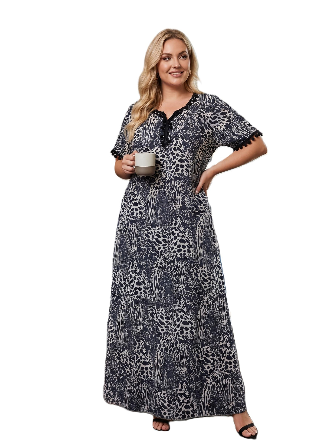 Sundus Homewear Women's Summer Reception Abaya "Cleopatra Tiger" - Ultra Soft Pure Floral Cotton Material - Casual Half Pom Sleeve - Comfy Fit 60 to 90 KG (SONDOS FOR HOMEWEAR)