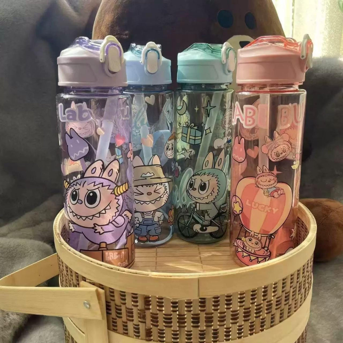 Kids Portable Drink Bottle (school bottle) with Strap Anti-Fall With Straw Used In Outdoor Activities and school, Healthy Outdoor Cute Cartoon Baby PP Plastic BPA Free (Labo, Blue)