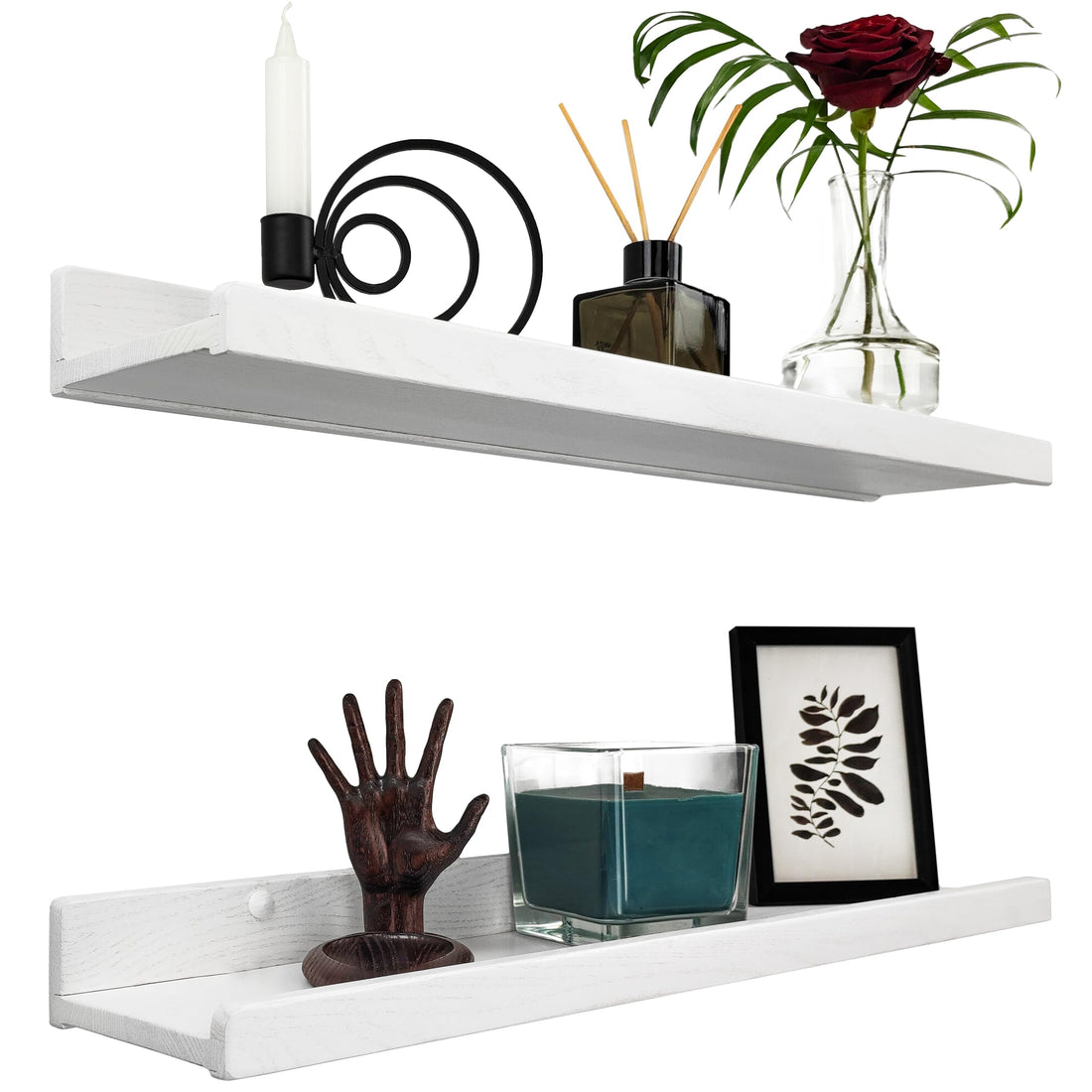 Wood Wedge Handmade Wall Shelf, White, 60 cm, Wooden Shelf, Set of 2, Hanging Shelf, Wall Mount Shelf, Modern Floating Shelf, Narrow Picture Rail for Bathroom, Living Room, Kitchen, Bedroom