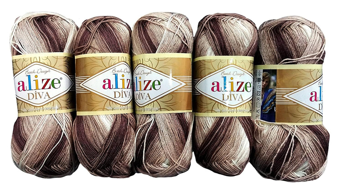 5 x 100 g Alize Diva Batik Knitting Yarn Multicoloured with Colour Gradient, 500 g Mercerised Knitting Wool Microfibre Acrylic (Brown, Beige, White 1815)