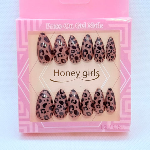Cat Eye effect Press-On Nails Set – 6 Luxurious and Dazzling Shades with Salon Gel Finish - Cheetah Design - Almond Shape (Medium Brown)
