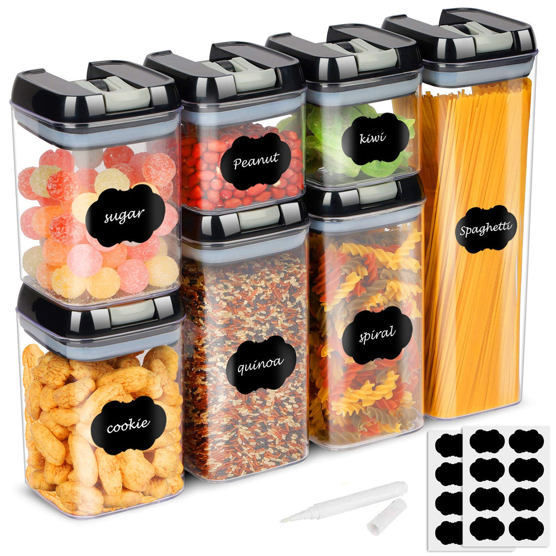 7 PC Food Storage Container Set White with Labels & Marker, Kitchen & Pantry Clear Plastic Organization Canisters with Durable Lids, Ideal for Flour, Cereal, Spaghetti, Pasta & More