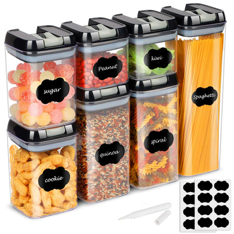 7 PC Food Storage Container Set White with Labels & Marker, Kitchen & Pantry Clear Plastic Organization Canisters with Durable Lids, Ideal for Flour, Cereal, Spaghetti, Pasta & More