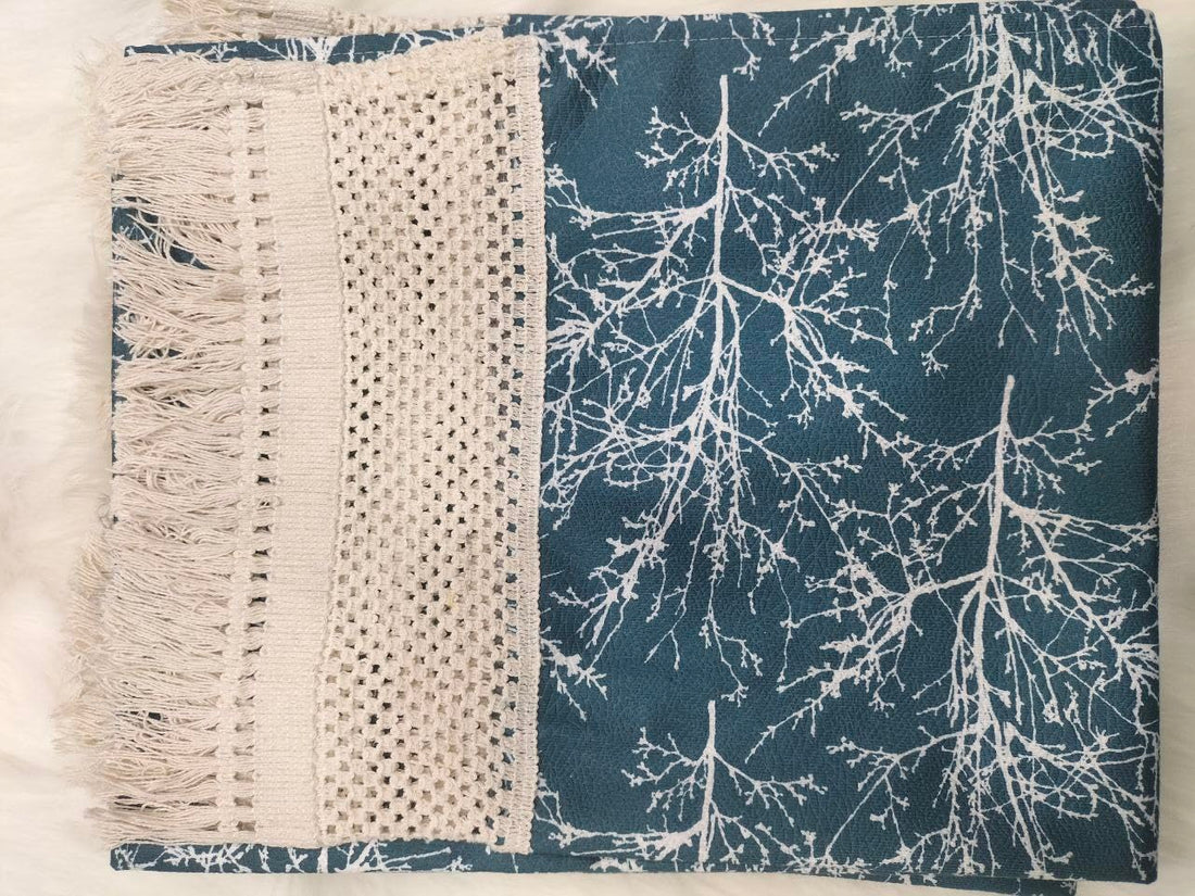 Generic Decorative Sofa Throw Set, Teal Blue with White Branch Pattern, Macramé Fringe, 8 Pieces Including 2 Large Covers and 6 Placemats, Cotton Linen Blend (genzary) .sr