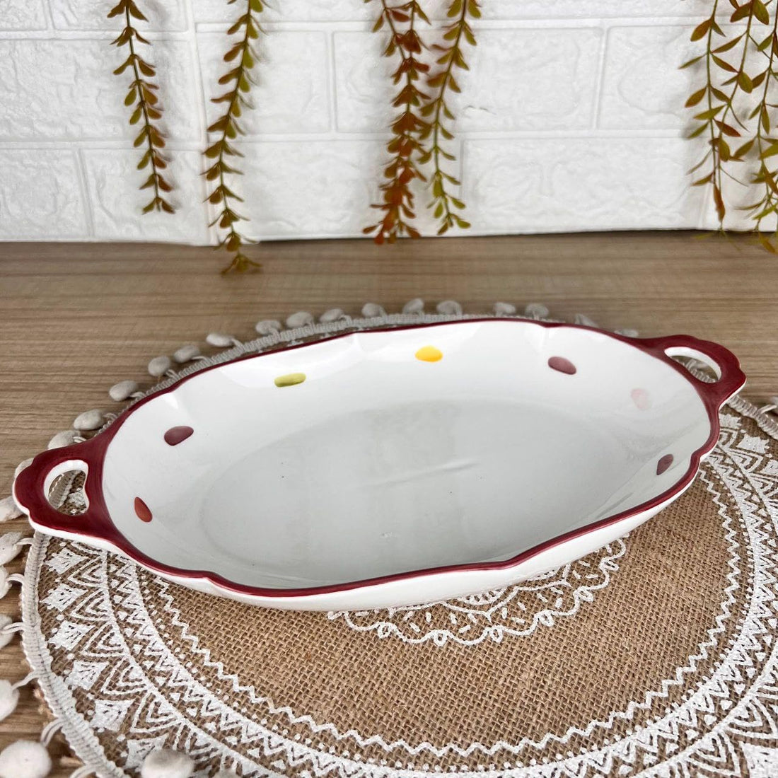 Generic Ceramic Serving Dish with Handles, White with Burgundy Trim, Microwave and Dishwasher Safe, Oval Shape .bar