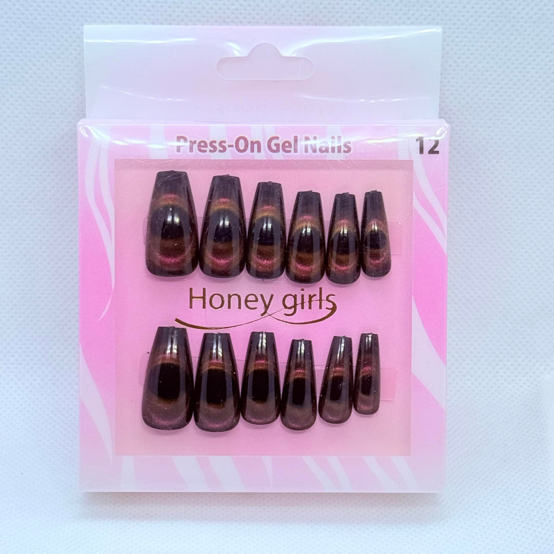 Cat Eye effect Long Press-On Nails Set – 12 Luxurious and Dazzling Shades with Salon Gel Finish - Coffin Shape (Black/Pink)