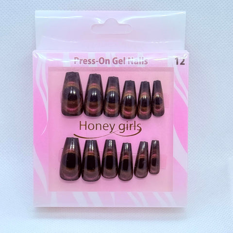 Cat Eye effect Long Press-On Nails Set – 12 Luxurious and Dazzling Shades with Salon Gel Finish - Coffin Shape (Black/Pink)