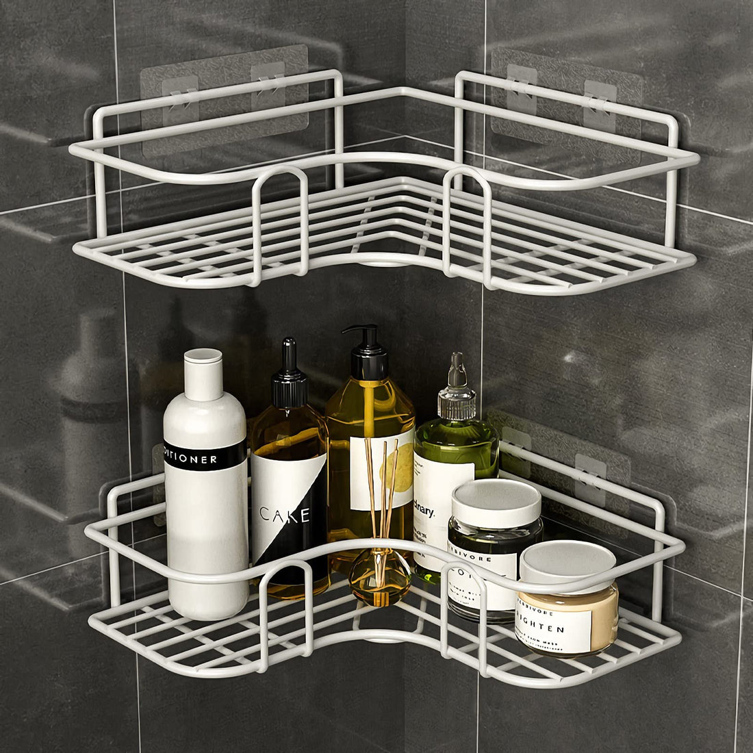 Laigoo Adhesive Shower Caddy 2 Pack, Non-Drilling Corner Shelves Hanging Bathroom Shelf Floating Shelves for Kitchen/Bathroom Organizer and Storage(White)