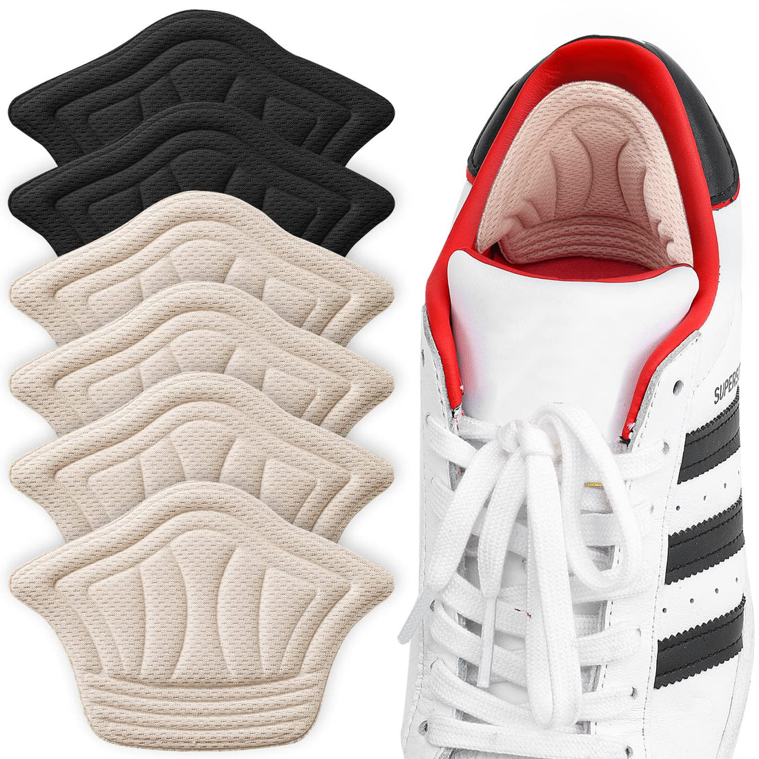Back of Heel Cushion Pads, Adhesive Heel Grips Inserts for Women Men, Reusable Heel Guards Liners for Loose Shoes, Too Big Boots, Improve Shoe Fit, 2pcs-Black+4pcs-Beige