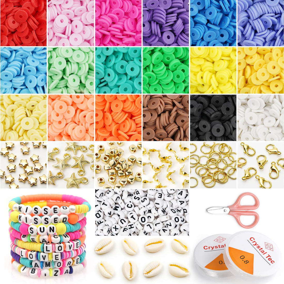 Ranphykx Clay Beads Bracelet, 18 Colors 6MM Flat Round Clay Beads Jewellery Making DIY Kit, Polymer Clay Spacer Beads with Letter Beads Handmade Colorful Beads Set for DIY Bracelet Necklaces