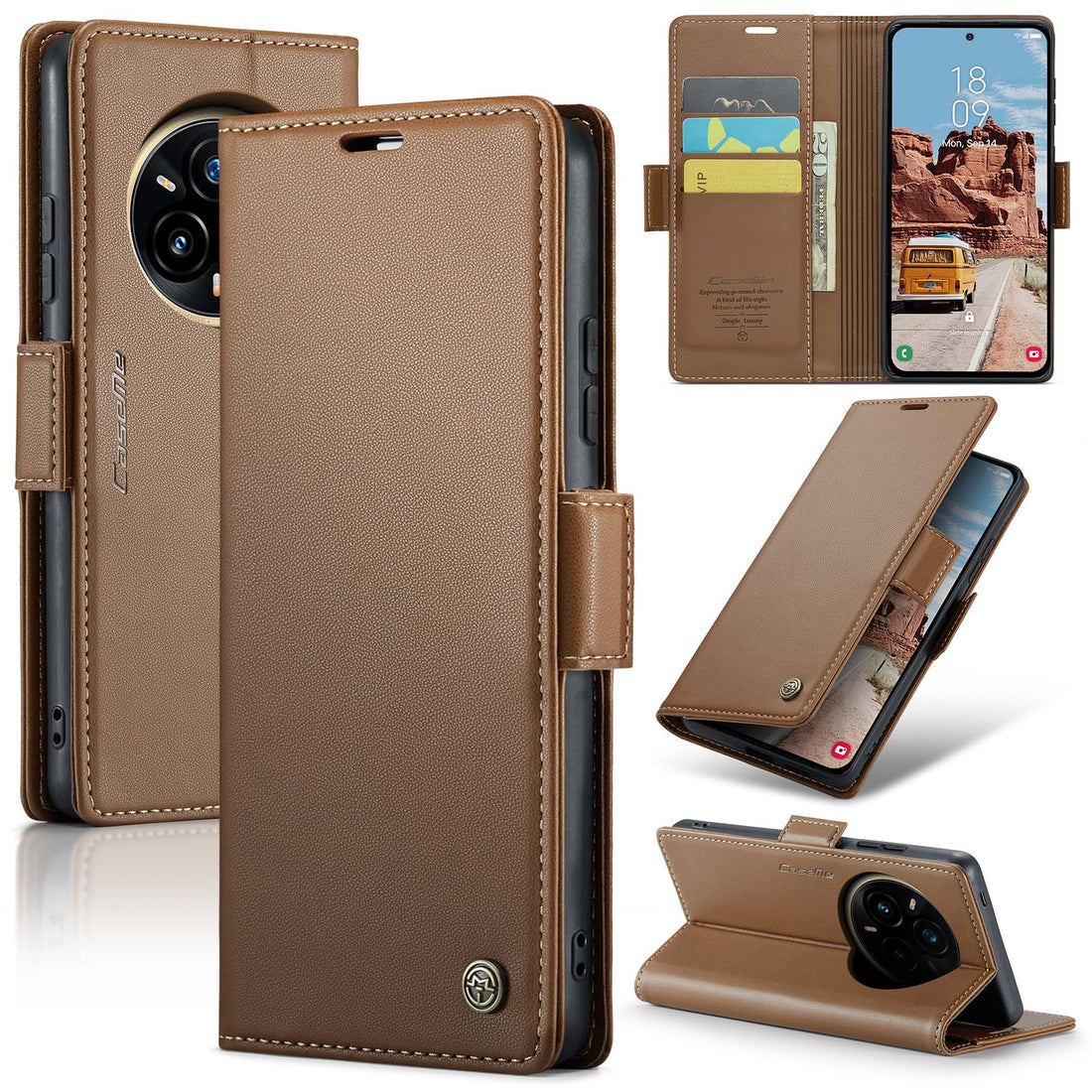 Phone Case Cover UNBLACK Luxury PU Leather Flip Cover 023 Card Slot Holder Cover Compatible with Realme 14 Pro Plus (Brown)