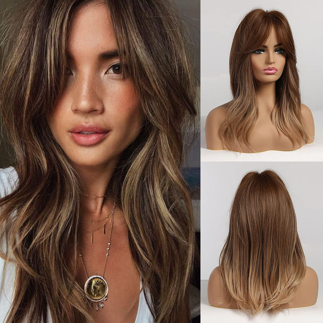 ECIF Women's Long Curly Synthetic Hair Wigs With Bangs (Ombre Brown, Blonde)
