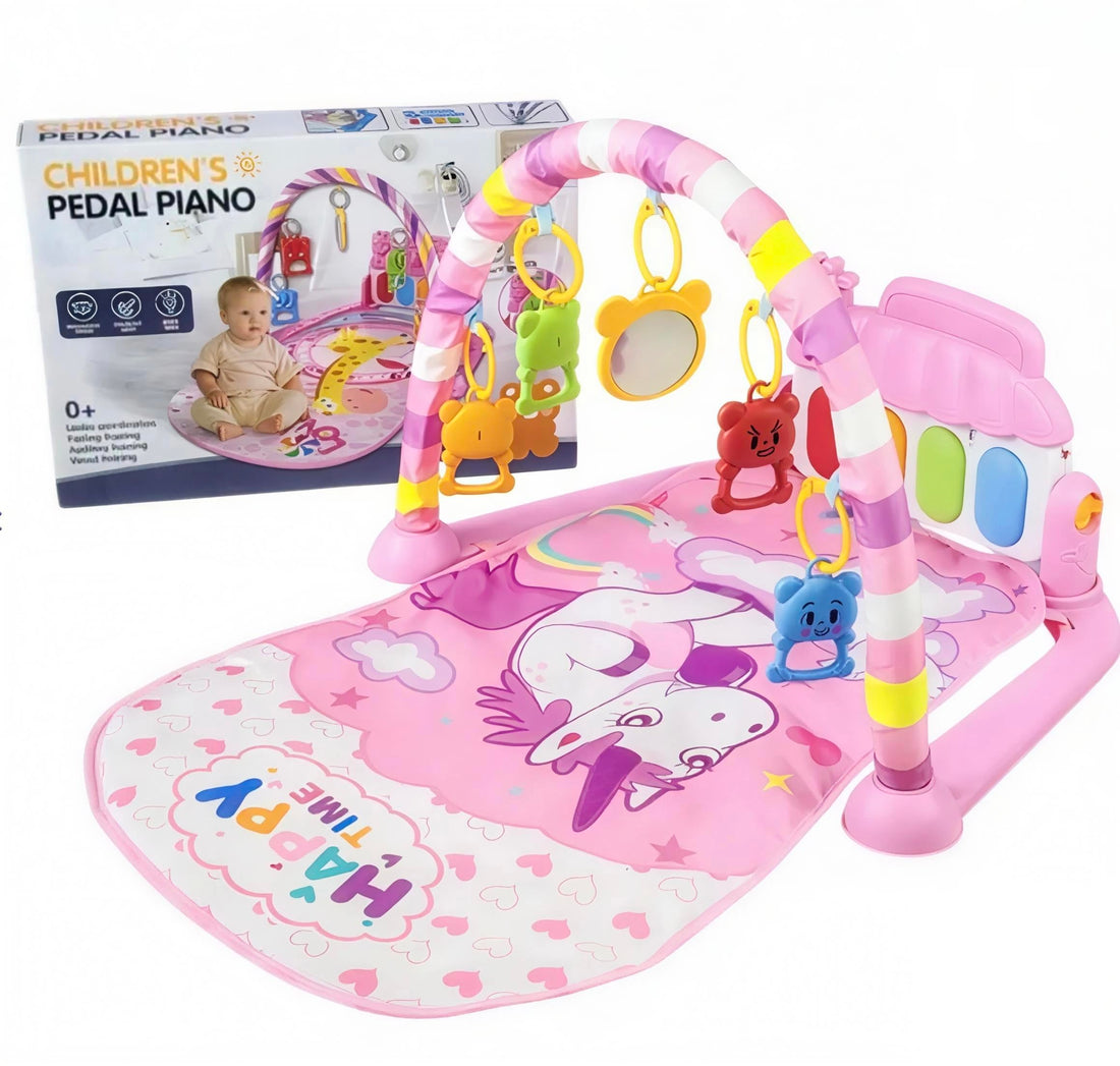 Floor Playmat Kick and Play Baby Mat and Play Piano Gym - Infants Musical Activity Center with 5 Hanging Sensory Toys and Early Educatiot with Pedal Piano with Hanging Rattles (Girly 1)