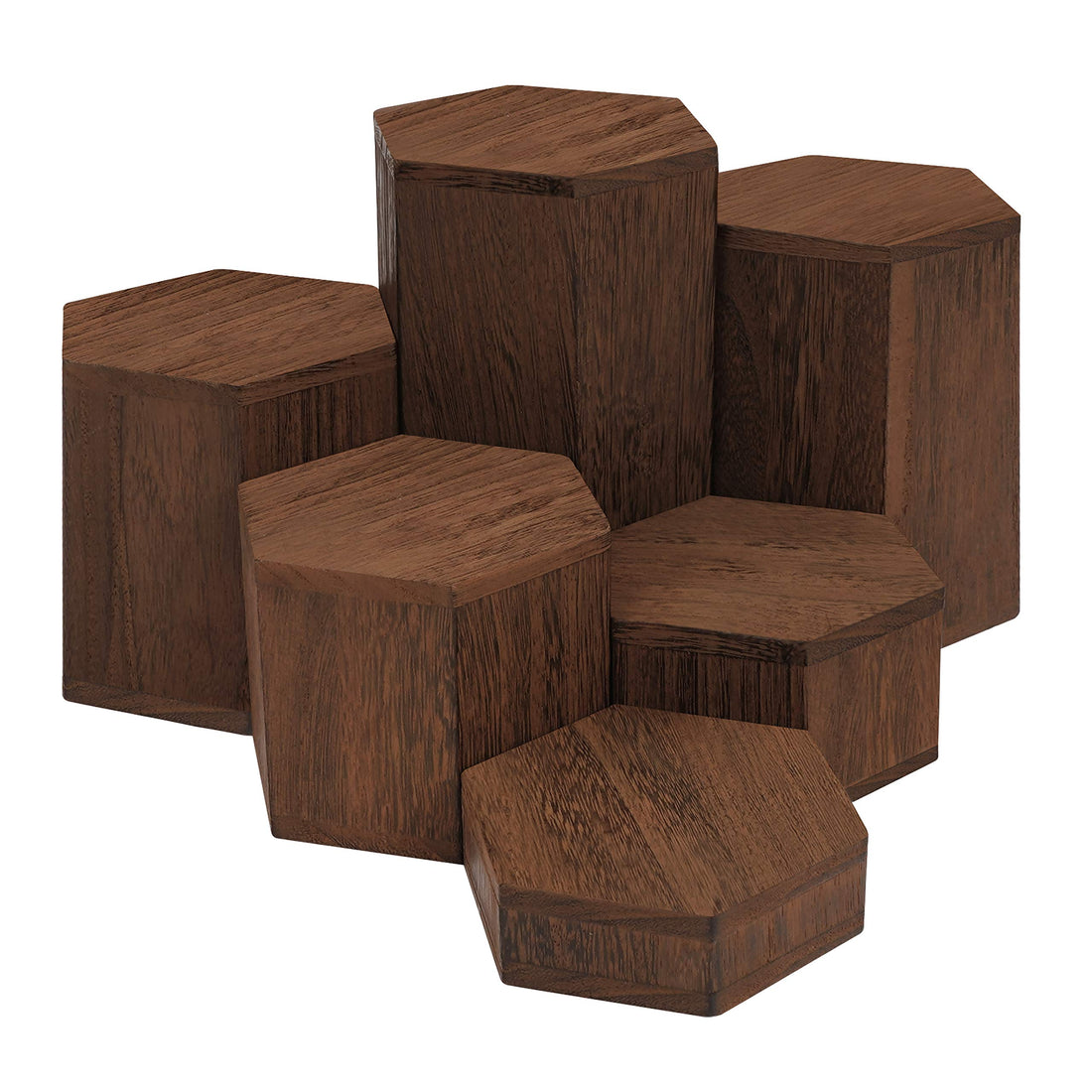 bpa Wooden Hexagon Display Risers (6 Pack) - Wood Showcase Stands for Shelves and Countertops - Step Plinths for Jewellery, Retail, Figures, Cupcakes and Desserts