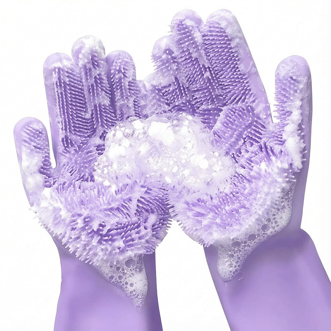 ALPENKOK Magic Dishwashing Gloves, Reusable Silicone Dish Gloves with Sponge Scrubbers for Kitchen, Bathroom Cleaning, Pet Hair Care, Car Washing, Purple, Medium, 2 Gloves, 1 Pair