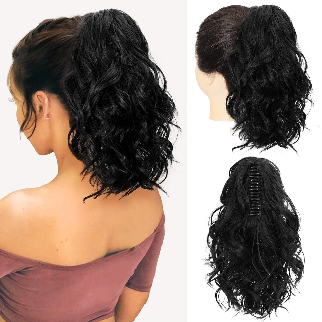 12 inch Highlight Ponytail Extension, Short Thick Wavy Curly Jaw Clip in Fake Pony Tails Fake Hair Soft Natural Looking Synthetic Hairpiece for Women (Black)