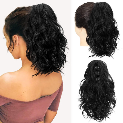 12 inch Highlight Ponytail Extension, Short Thick Wavy Curly Jaw Clip in Fake Pony Tails Fake Hair Soft Natural Looking Synthetic Hairpiece for Women (Black)