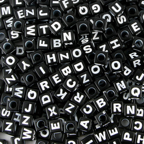 JAZZEEL Square Letter Beads - 800-Piece Pack of 6mm Black Acrylic Alphabet Beads with White Letters, Cube ABC Beads for Personalized Jewelry Making, Custom Name Bracelets, and DIY Crafts