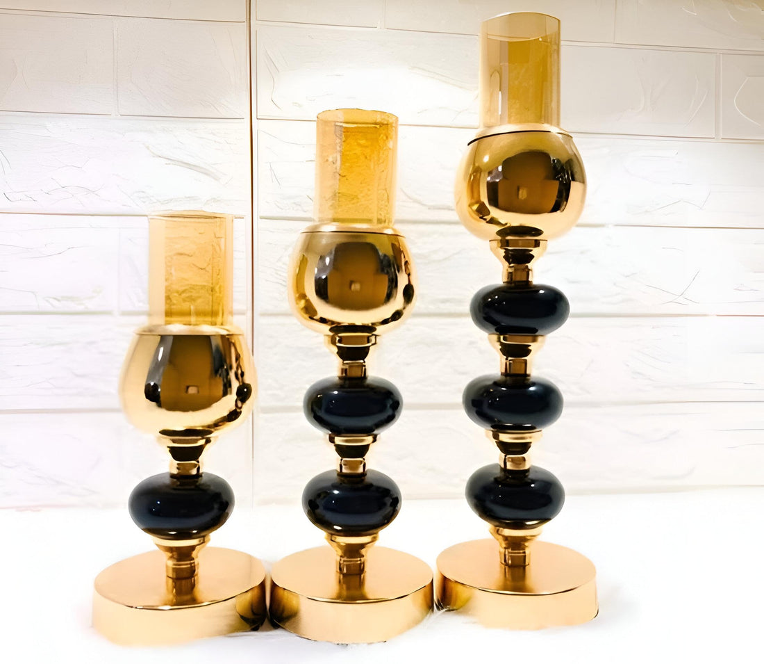 Metal Artwork - Premium candle holder arrangement with detailed patterns and black stone ornaments, designed to elevate any home space or event décor with timeless elegance