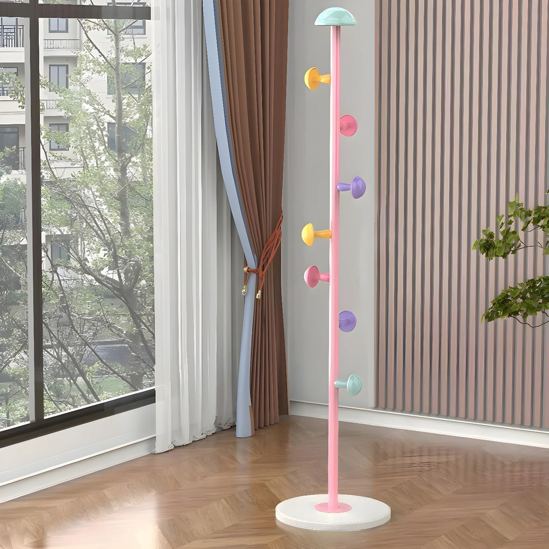 Metal Coat Rack Stand with Mushroom Hooks and 12'' Width Stone Base, Coat Rack Freestanding, Coat Tree, Children's Clothes Hanger Floor-standing, Bag Bracket for Home Entry-way, 66''H Pink