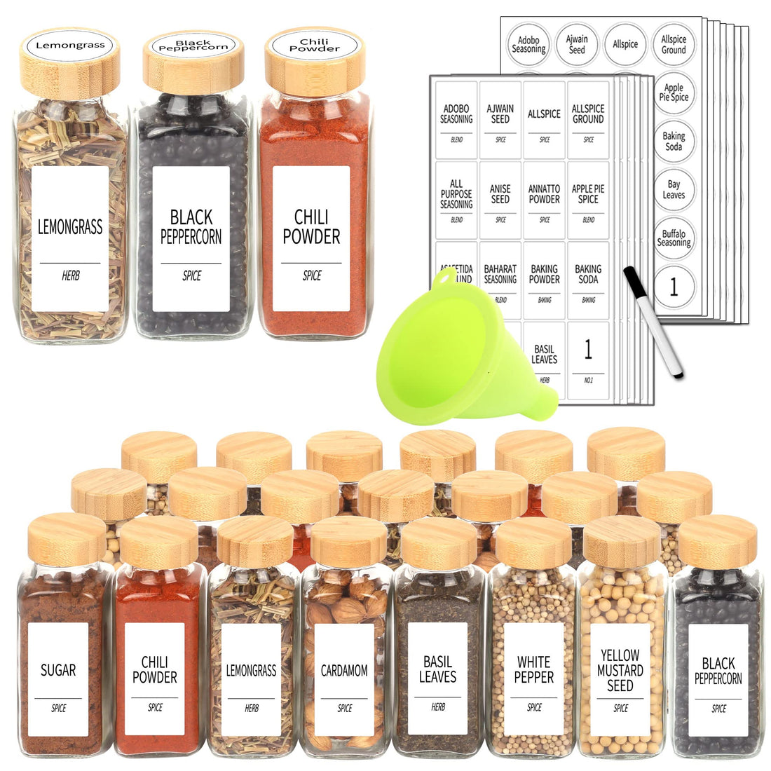 SWOMMOLY 24 Pcs Glass Spice Jars with Labels, 8 oz Spice Jars with Bamboo Lids, Empty Square Spice Bottles with Shaker Lids, Spice Containers with White Spice Labels Stickers