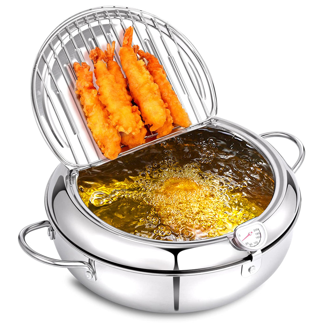 cuomaop Deep Fryer Pot,304 Stainless Steel with Temperature Control and Lid Japanese Style Tempura Fryer Pan Uncoated Fryer Diameter: 11 inch