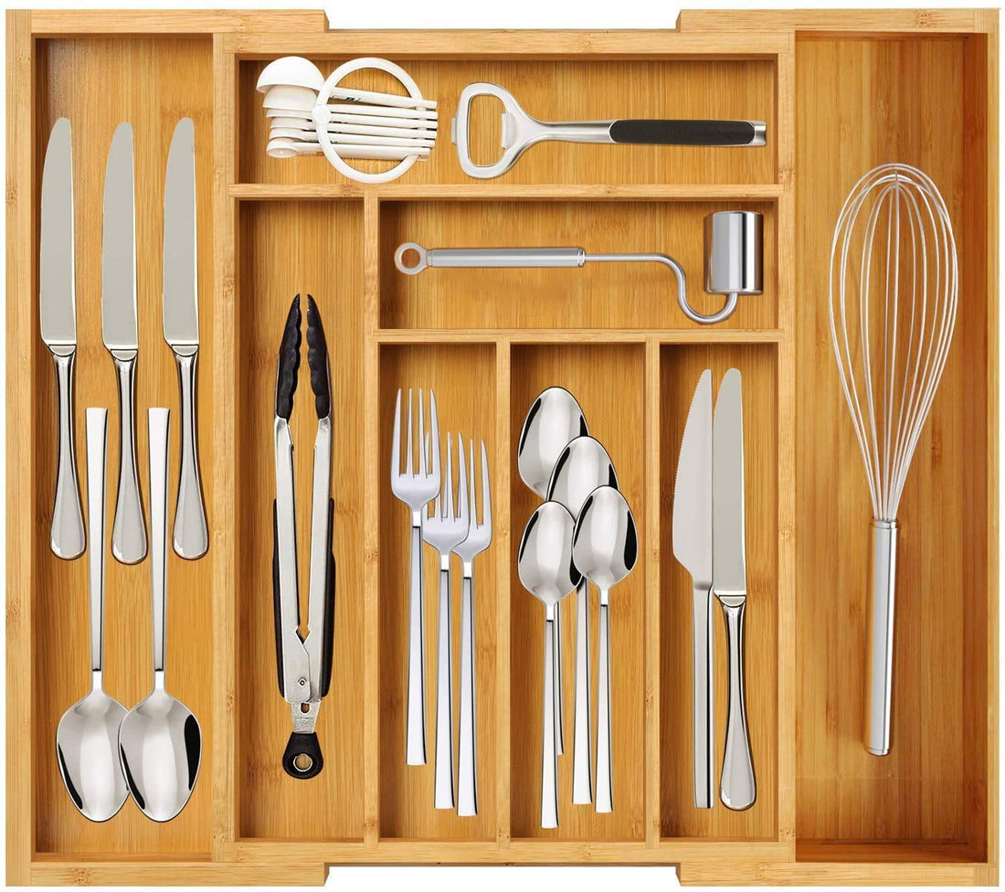 Expandable Bamboo Drawer Organizer with 8 Compartments, Adjustable Cutlery Tray, Utensils Multi-Functional Organizer for Silverware, Flatware, Knives or Stationery/Other Accessories in Living Room