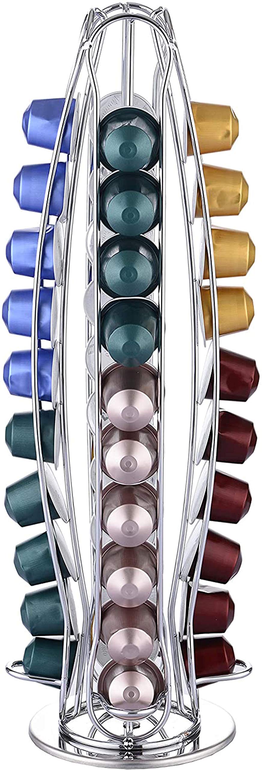 DELFINO Coffee Capsule Holder Coffee Capsule Holder Stand for Nespresso Original Line Pods | Revolving Tower Rack Dispenser for Storage & Organisation | Modern Chrome Finish | 360 Degree Revolving