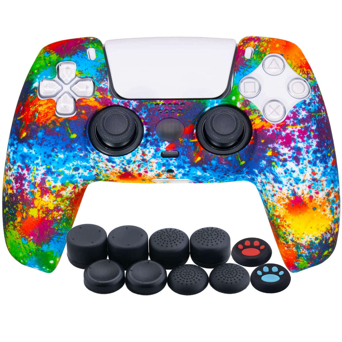 YoRHa Water Transfer Printing Silicone Thickened Cover Skin Case for PS5 Dualsense Controller x 1(Spashing Paint) with Thumb Grips x 10