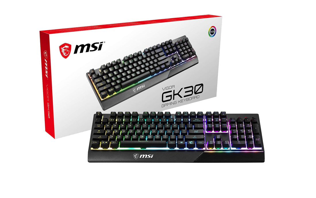 MSI Vigor GK30 Gaming Keyboard (German Layout) QWERTZ - Mechanical Membrane Switches, Waterproof, RGB Mystic Light, Lighting & Media Hot Keys, Non-Slip Game Base, Gold-Plated USB 2.0 - Full Size