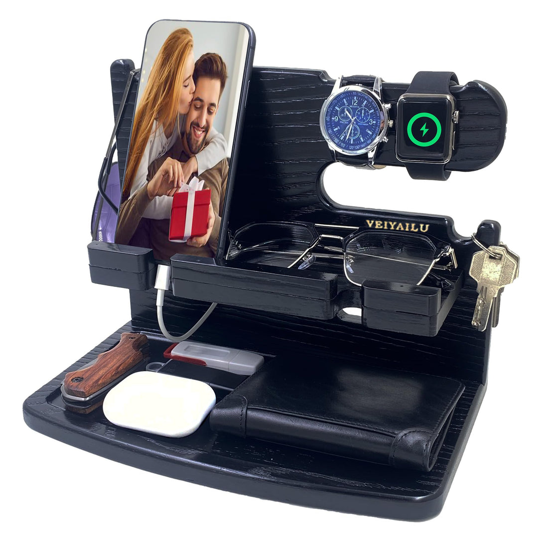 VEIYAILU Gifts for Men Dad Women Husband Boyfriend Him Nightstand Organizer for Men Wood Phone Docking Station(Black)