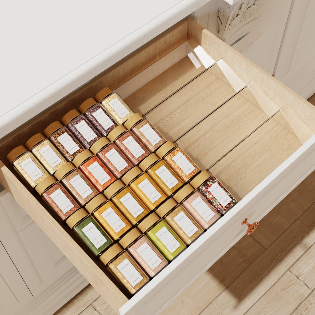Jadehom Spice Drawer Organizer, 4Tier Clear Acrylic Expandable From 13" to 26" Seasoning Jars Drawer Insert, Kitchen Drawer Spice Rack Tray for Cabinet/Countertop