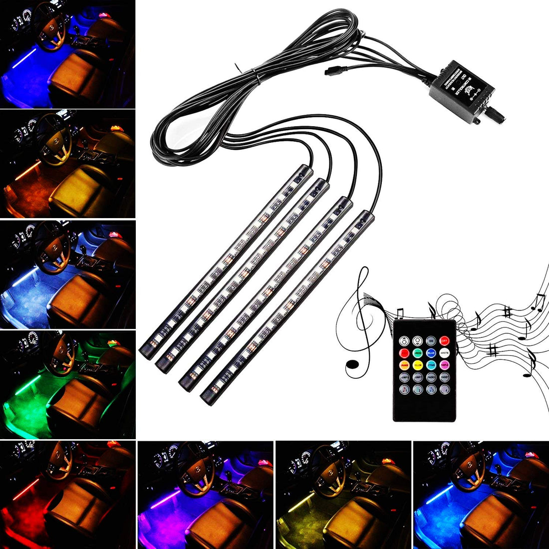 Interior Car Lights, 4pcs 48 LEDs Music Sync LED Strip Lights for Sedan Truck SUV Accessories Under Dash Seat Floor Ambient Neon Lighting Waterpoof Kits with Remote and DC 12V Charger