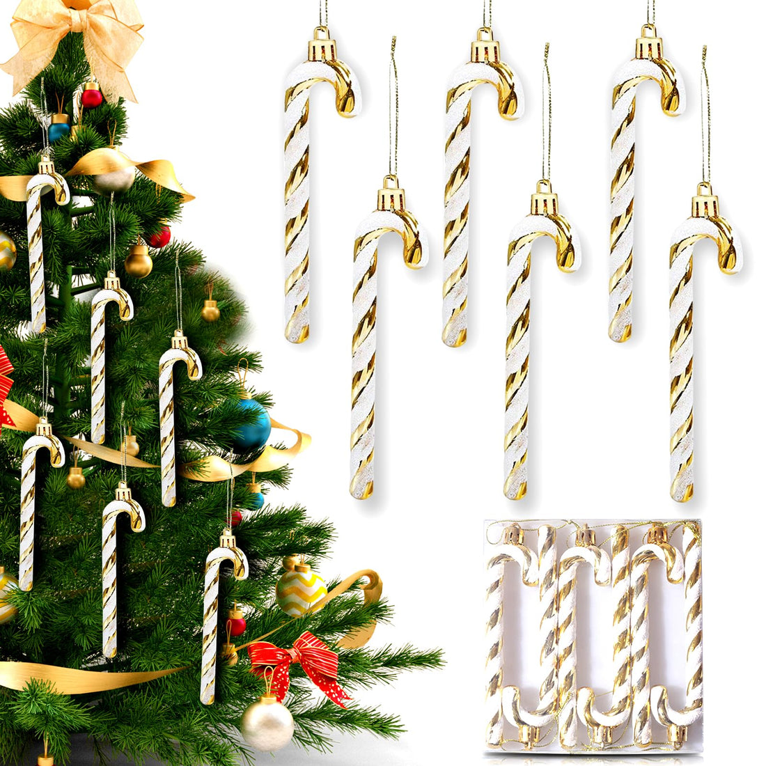 Pack of 6 Christmas Glitter Candy Cane, Candy Cane Ornaments, Christmas Tree Hanging Decoration Bauble Xmas Ornament (Gold)