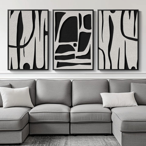 Large Framed Abstract Wall Art for Living Room, 3 Piece Modern Canvas Prints Paintings Artwork for Wall, Minimalist Black Gray Lines Pictures for Living Room Hallway Home Office Wall Decor 24x36 In