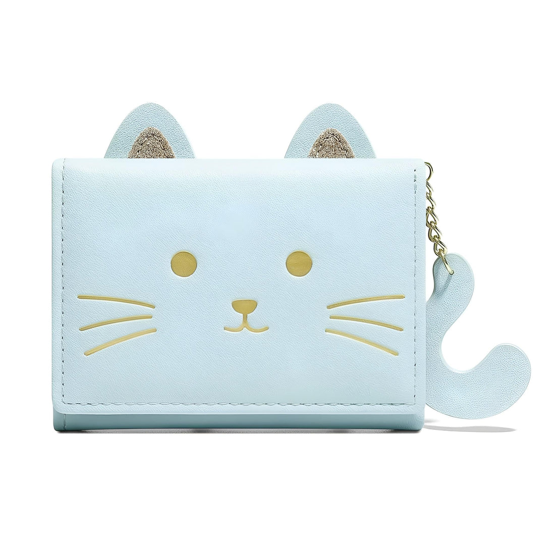 Cat Wallet - Cute 3D cat design with tail pendant, compact tri-fold card case with cash and coin pockets, sleek black small size for everyday carry (LIGHT BLUE)