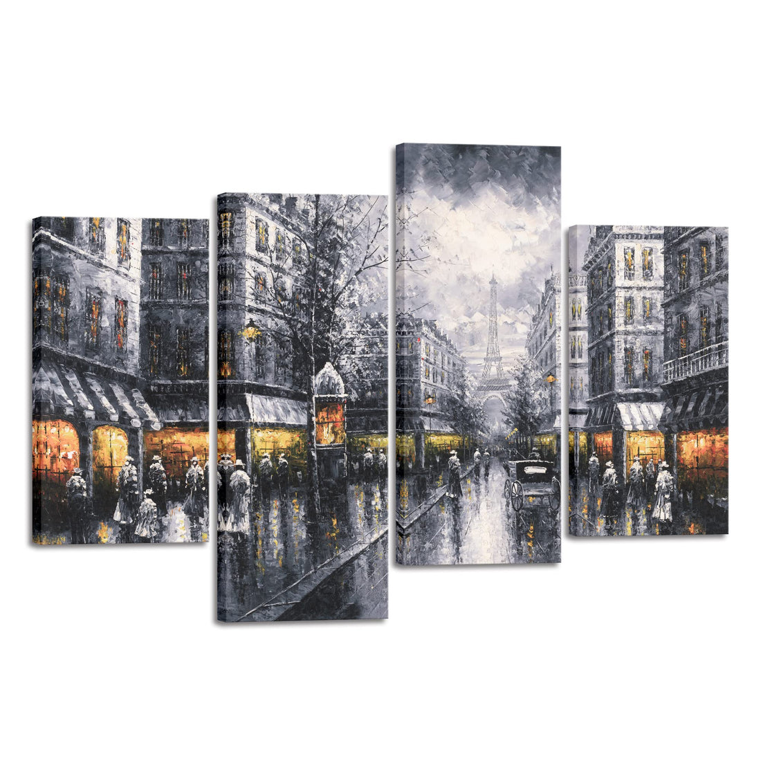 Wieco Art Paris Street Canvas Prints Wall Art by Black and White Europe City Buildings Oil Paintings Reproduction Picture for Home Decorations Large Modern 4 Panels Framed Giclee Cityscape Artwork