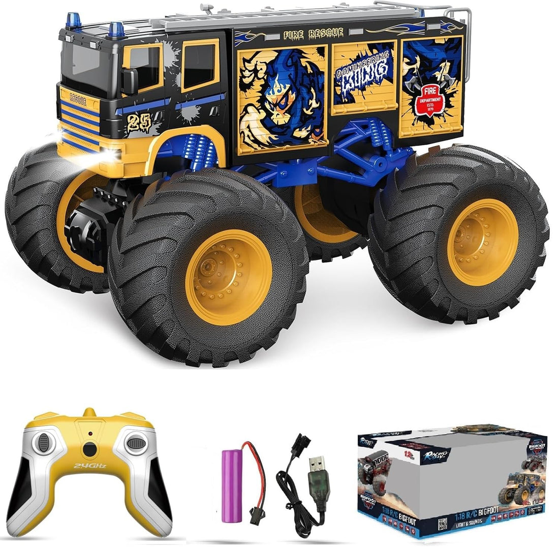 TOYS LAND Remote Control Car, RC Fire Truck for Kids, Monster Truck Toy 2.4GHz 1:18 Scale 12KM/H Model Veicle with LED Lights & Sound, Rechargeable Battery Toy Car for Kids Boys Girls (Fire Truck)