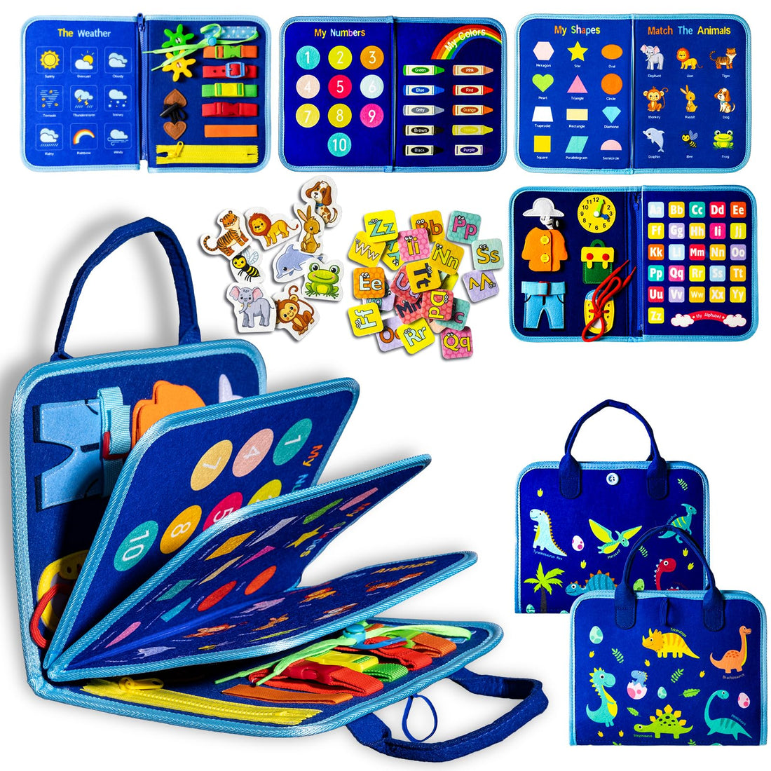 Toddler Busy Board Montessori Toys, Sensory Board Educational Activities for Learning Fine Motor Skills, Travel Toys for Airplane Car, STEM Toy Gift for Girls Boys Age 3+ (Dinosaur)