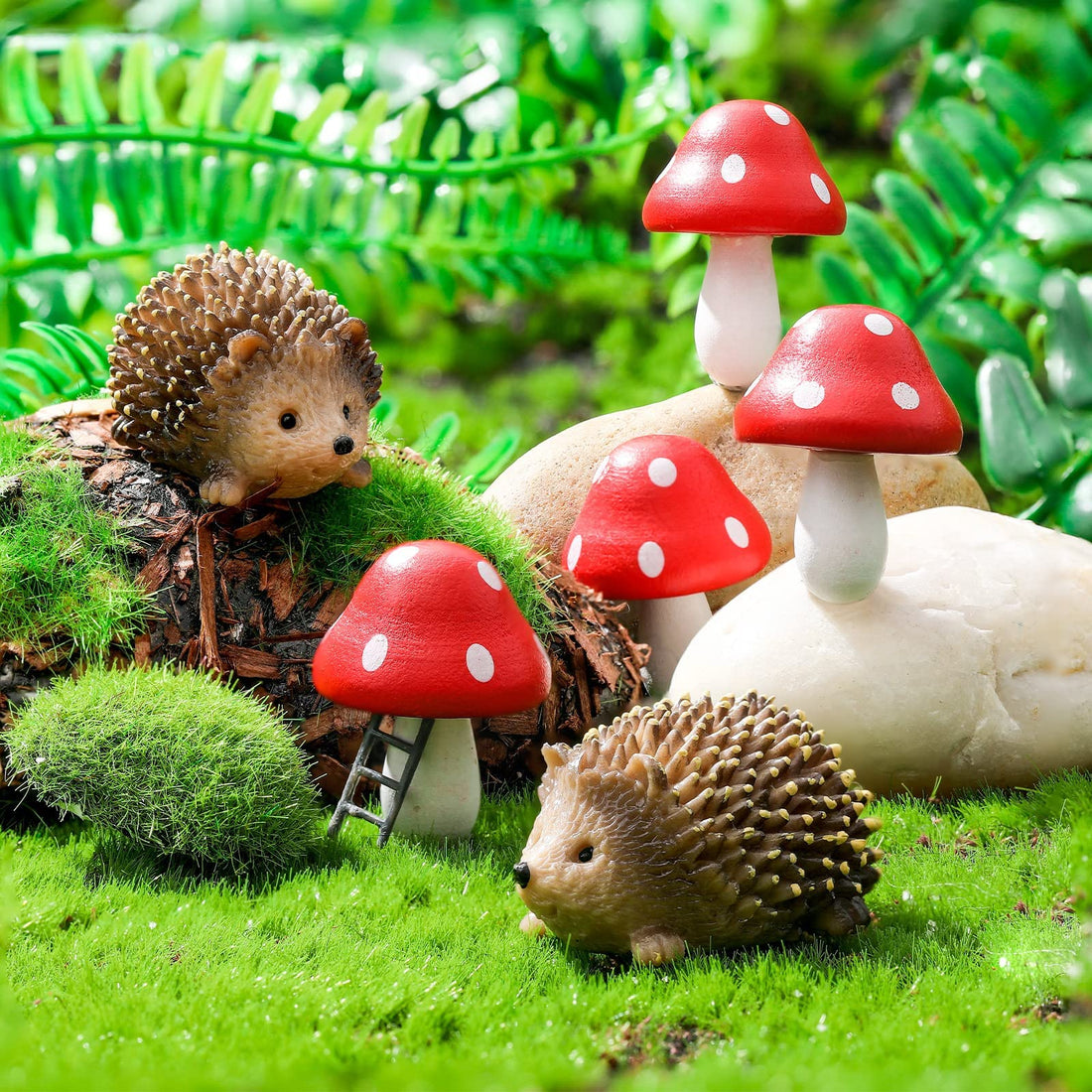 Fairy Outdoor Garden Animals Figurines Outdoor Fairy Wild Garden Accessories Resin Hedgehogs and Wood Mushroom Miniature Garden for Plant Pots Bonsai Craft Decor Fairy Wild Garden Supplies