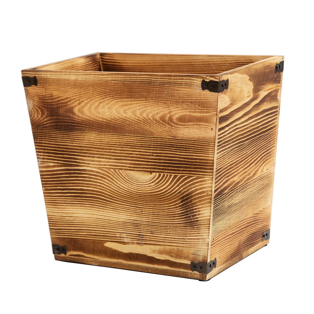 Grey Farmhouse Style Torched Wood Trash Can Waste Bin with Decorative Metal Brackets Trash Can for Bedroom,Living Room, Bathroom & Office (Brown)