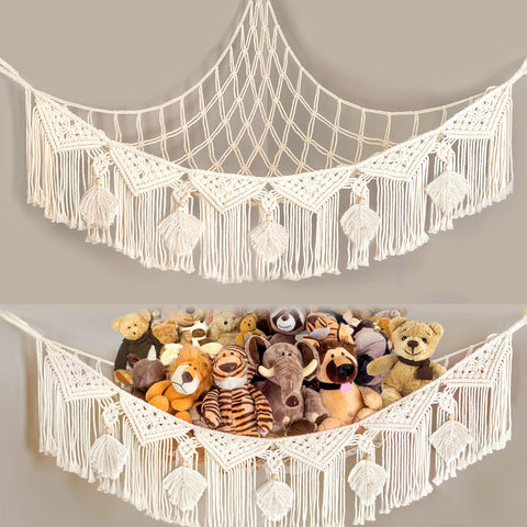 Kordory Stuffed Animal Net or Hammock Macrame Large Corner Netting Toy Storage with Boho Tassels, Handmade Hanging Net Toy Organizer for Nursery Kids Room Wall Decor(beige)