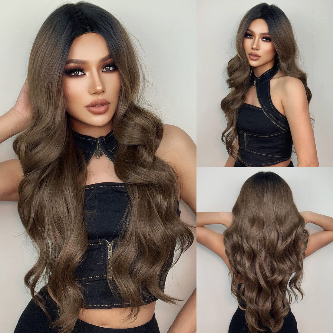 ECIF Brown Lace Front Wigs Long Brown Curly Wigs For Women With Dark Roots Wig With Babyhair Natural Glueless Heat Resistant Synthetic Wigs For Daily Use Dating Party Cosplay Taking Photos