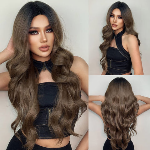 ECIF Brown Lace Front Wigs Long Brown Curly Wigs For Women With Dark Roots Wig With Babyhair Natural Glueless Heat Resistant Synthetic Wigs For Daily Use Dating Party Cosplay Taking Photos
