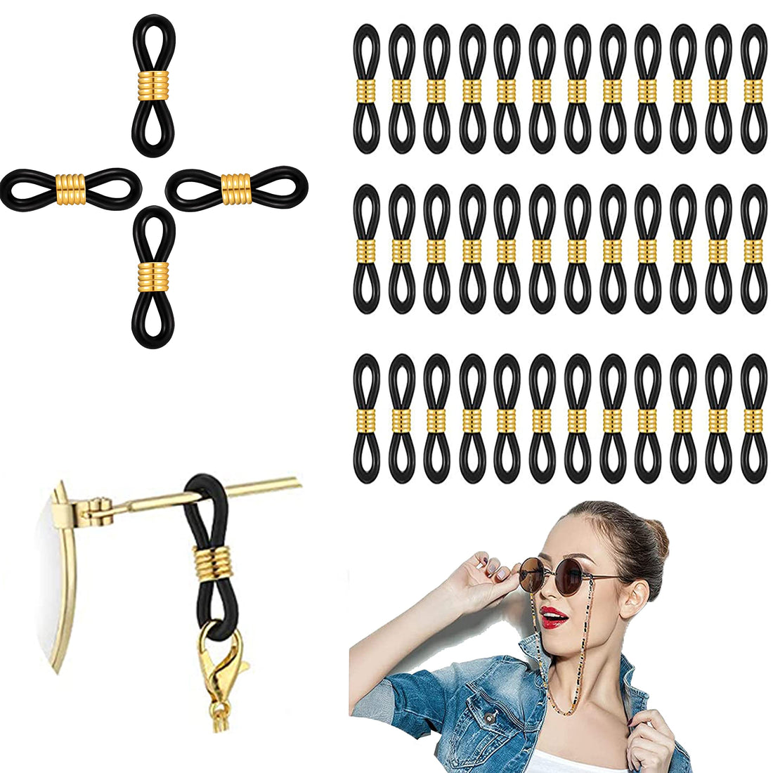 KASTWAVE Eyeglass Chain Ends 40 Pieces, Adjustable Rubber Spectacle End Connectors for Eye Glasses Holder Necklace Chain Holder Loop Anti-Slip Rubber Connectors Eyeglass (Black and Gold)