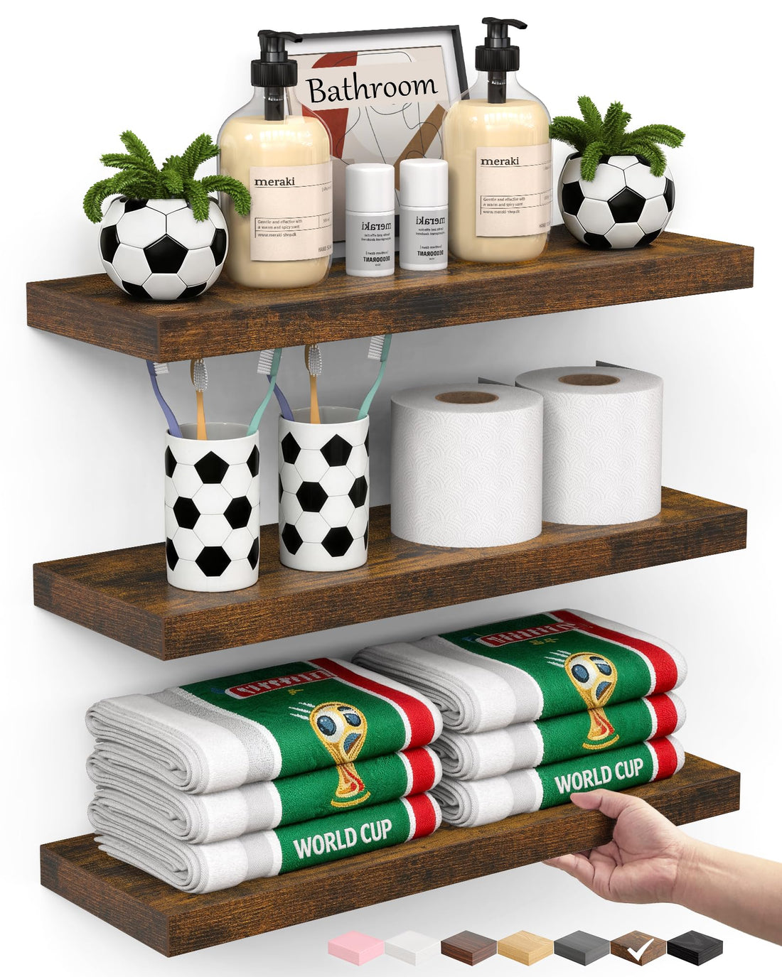BAYKA Floating Shelves for Wall – Bathroom Shelves Rustic Wood with Metal Brackets for Bathroom, Bedroom, Kitchen, or Living Room Decor – Rustic Brown, Set of 3, Sturdy Storage with 22lb Capacity
