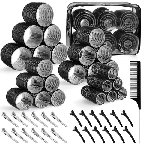 4 Sizes Hair Rollers Set – 50 Pcs Self-Adhesive Curlers for Women, Heatless Curls with 24 Hour Hold, Includes 24 Clips & Dust Bag, Suitable for All Hair Types & Styles