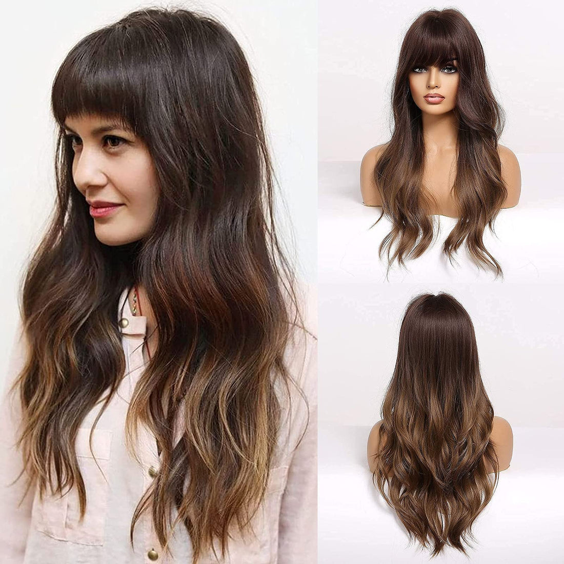 ECIF Long Brown Wig For Women, Synthetic Wigs Made Of Natural Hair With Bang, Party Cosplay Daily Use (1 Piece Free Wig Cap)